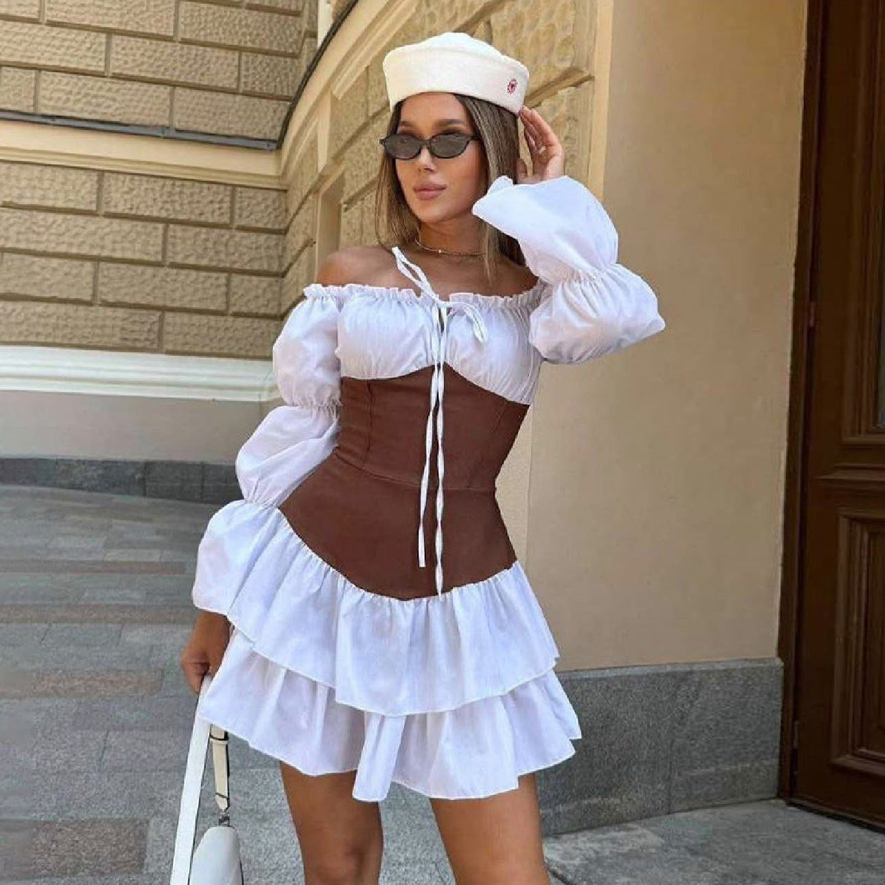 White Ruffle Mini Dress with Brown Corset