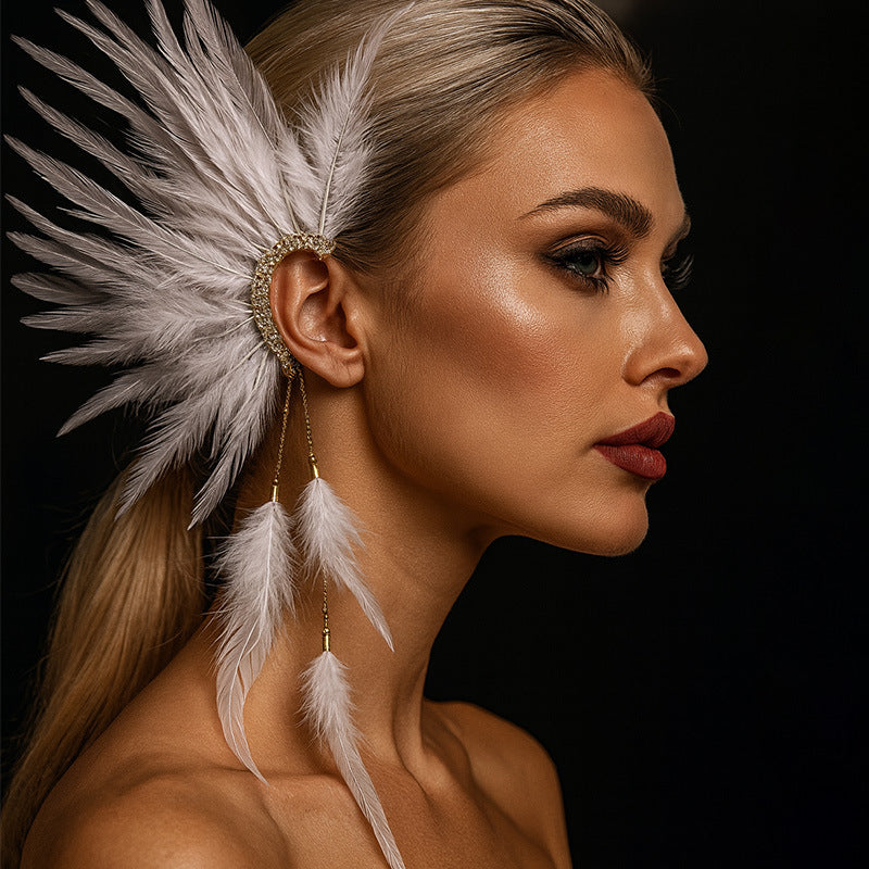 Feather Earring with Rhinestone Tassels-0608