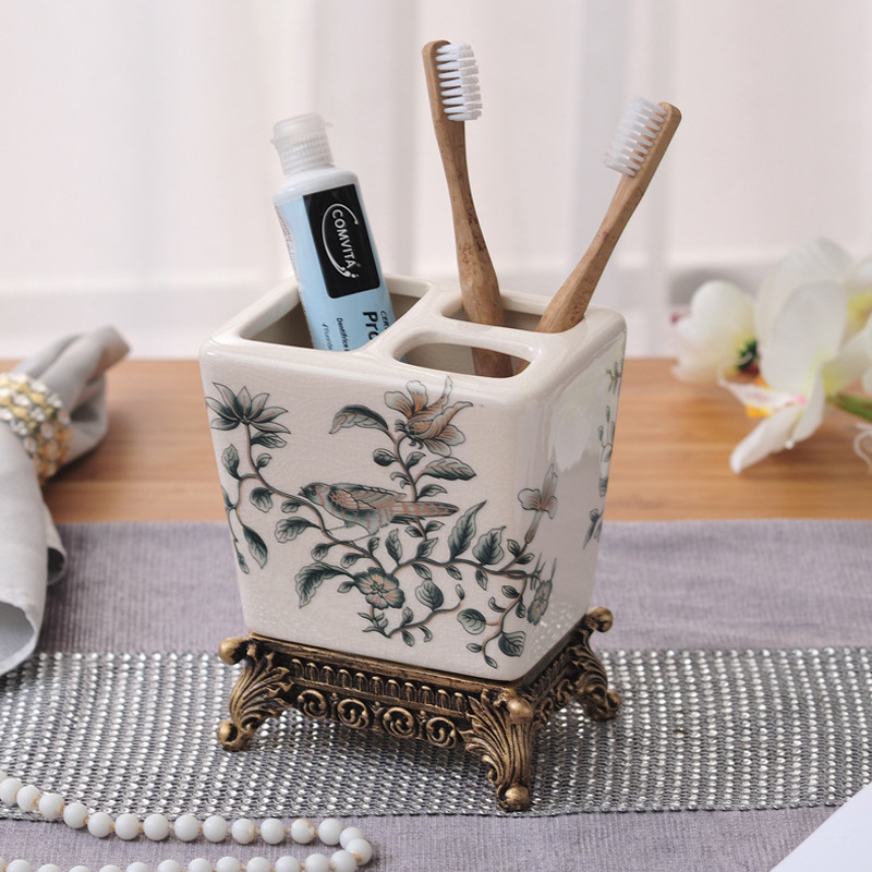 Green Birds & Springtime Ceramic Toothbrush Holder — Bronze Footed Base