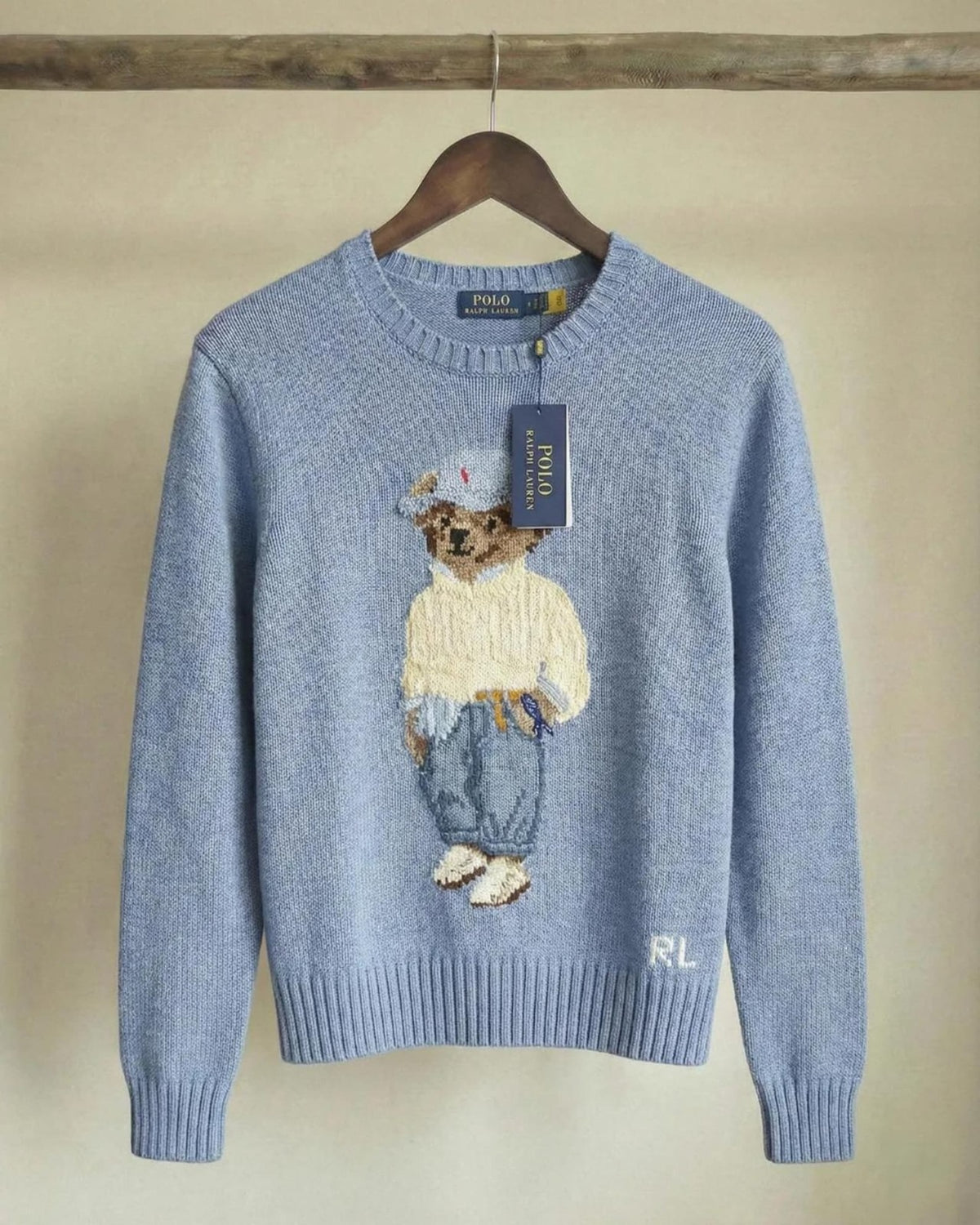 Polo Bear Knit Sweater — Light Blue, Teddy Bear Motif