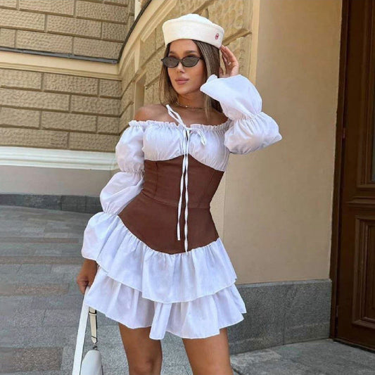 White Ruffle Mini Dress with Brown Corset