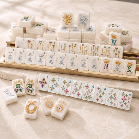 American Mahjong Set - pearl and gold luxury edition with jewelled tiles and gold rack
