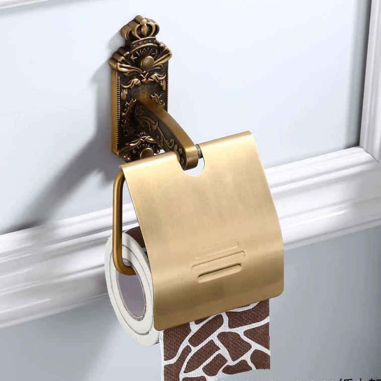 Antique Gold Toilet Paper Holder with Lid — Vintage Carved, Drilling Installation