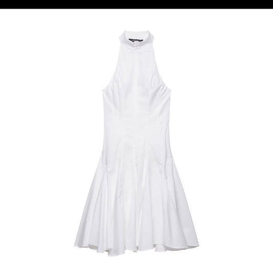 White Halter Neck Midi Dress — Mock Neck, Fit & Flare