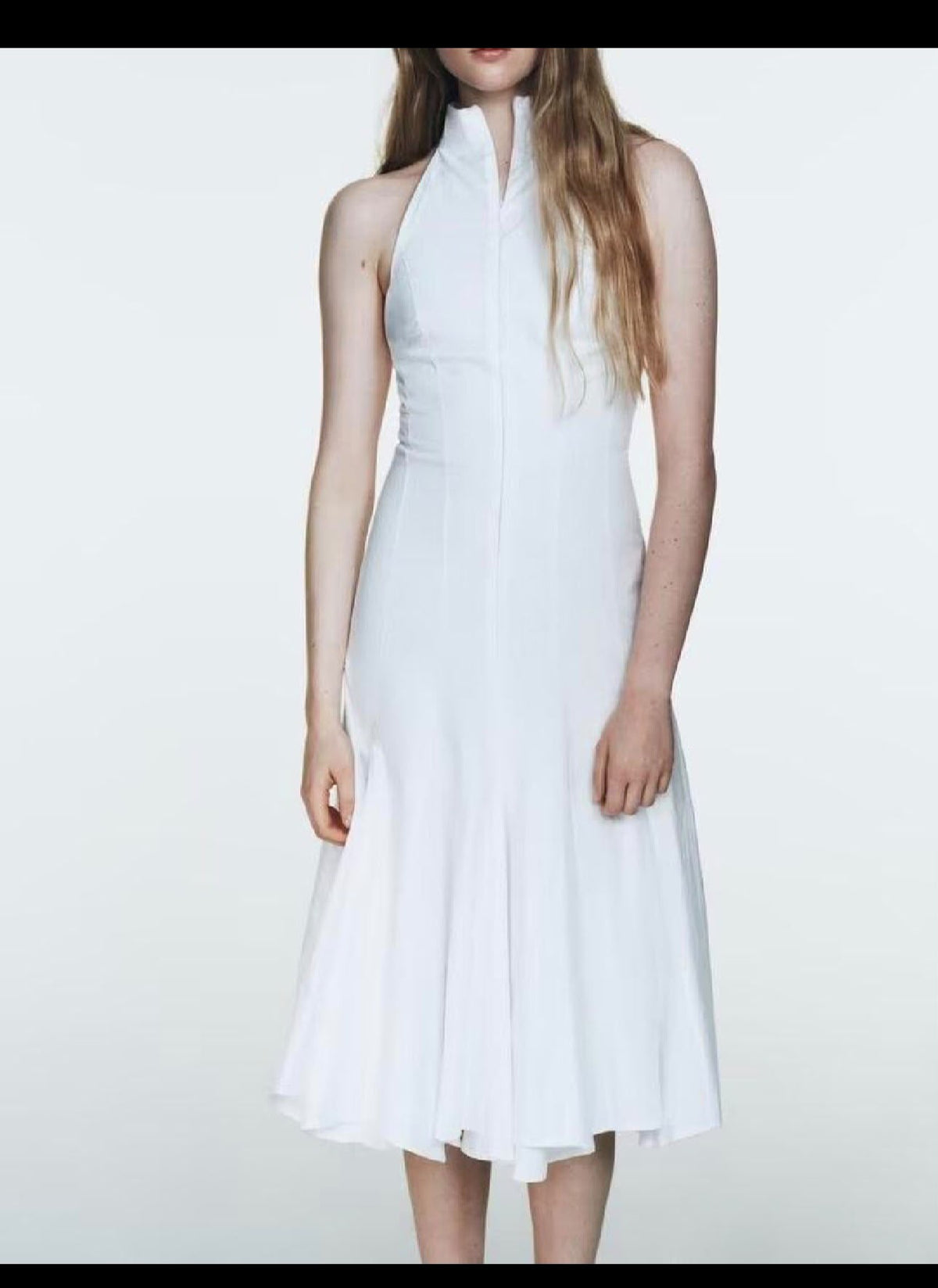 White Halter Neck Midi Dress — Mock Neck, Fit & Flare