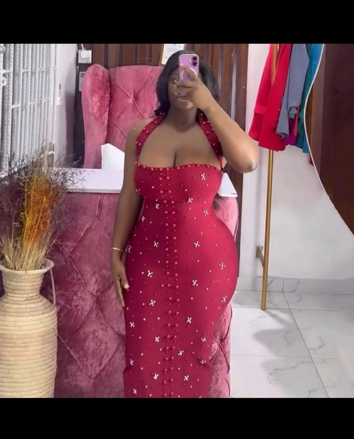 Red Beaded Halter Bodycon Maxi Dress