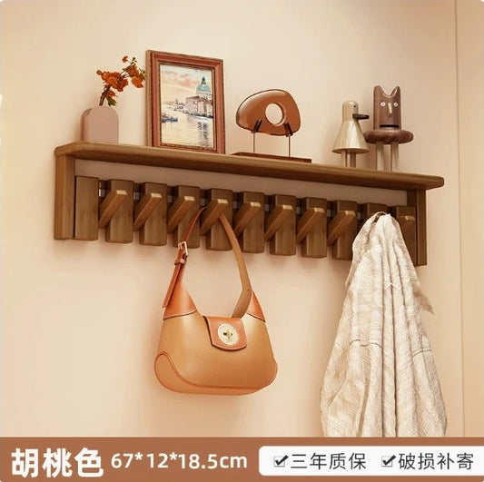 Wall Coat Rack with Shelf — 10 Piano-Key Hooks, Walnut (67×12×18.5 cm)