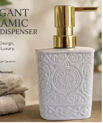 White Embossed Ceramic Soap Dispenser — Gold Pump