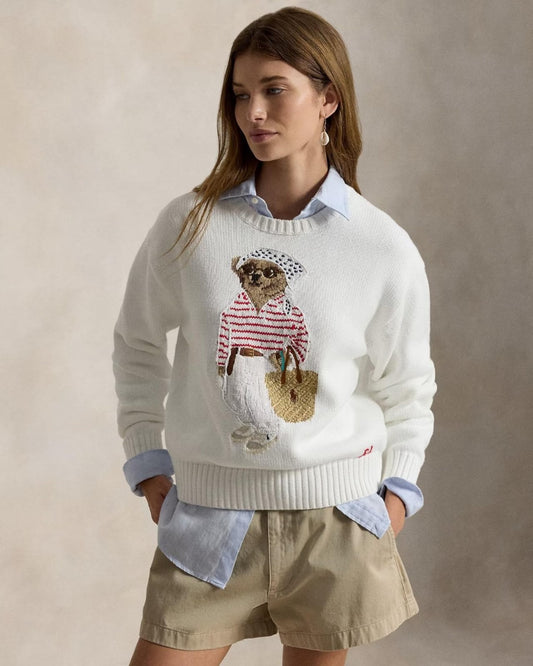 Polo Bear Knit Sweater — White, Bear with Hat & Sunglasses